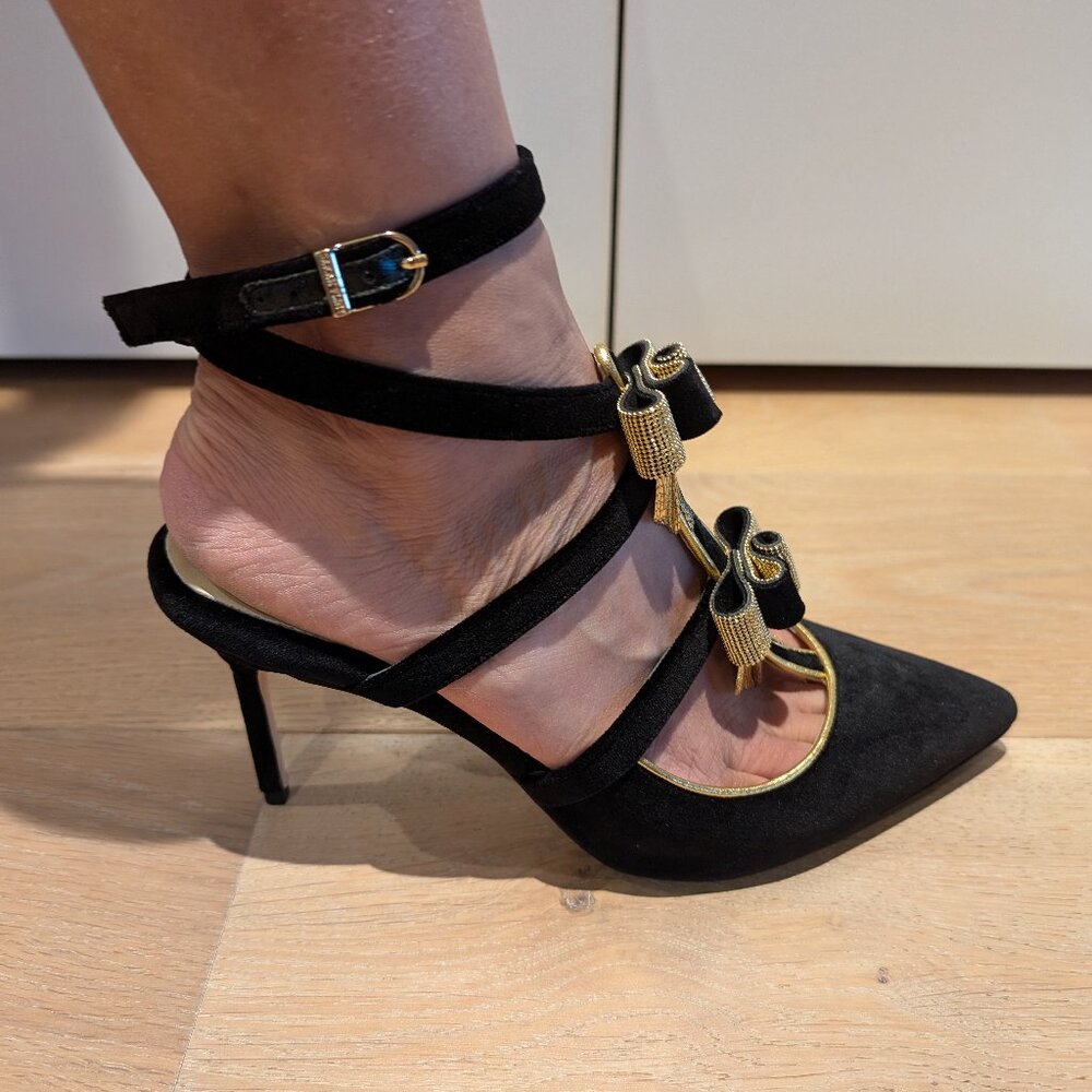 Velvet gold trimmed open back stilletto